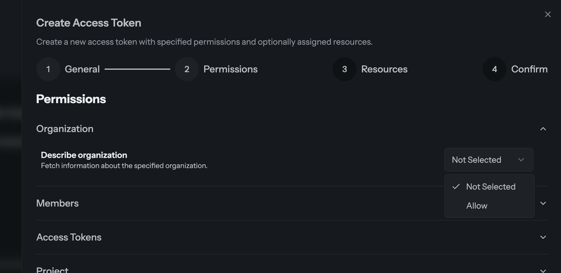 Select permission scopes for the access token